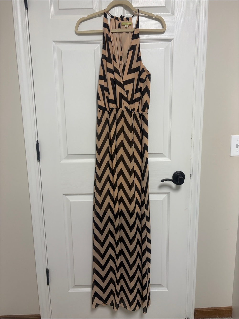 Gianni Bini Champagne and Black Chevron Halter Maxi Dress